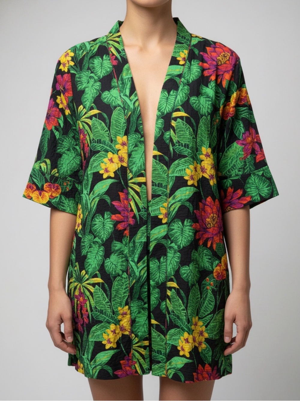 Panama Jack Tropical Floral Wide-Leg Pants & Kimono - Black, Green, Yellow, Pink - Picture 4 of 13